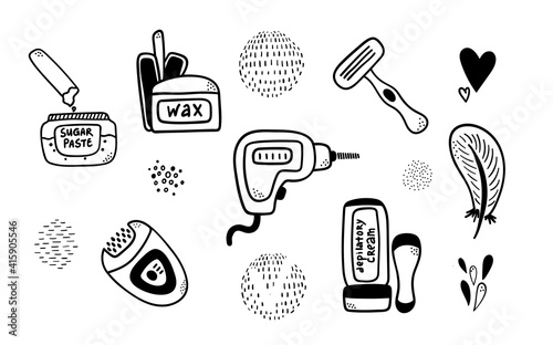 Set of doodle depilatory and epilatory instruments. Black outline wax, laser, cream, razor, epilator tools for female delicate body care design, package, sticker, label