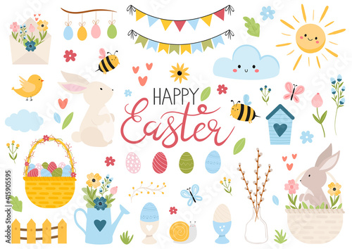 Happy Easter collection. Lettering, bunny, eggs, butterflies, bees, sun, basket with eggs, flowers. Hand drawn cartoon style vector illustration. Springtime, Easter Design elements, decoration. 