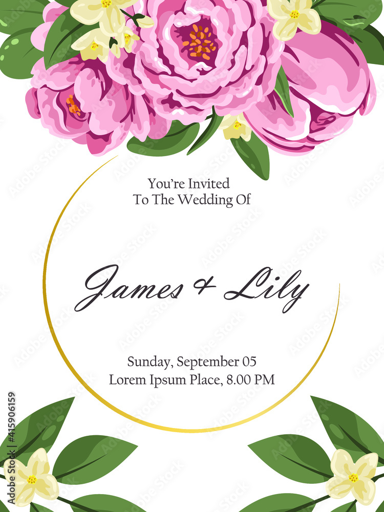 Modern wedding invitation design. Postcard template with flowers and decorative branches of greenery. Vector illustration