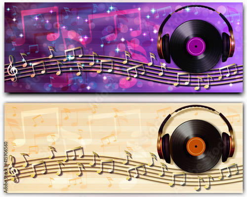 Set of two abstract musical banners with random notes on the musical staff, headphones and retro vinyl record.