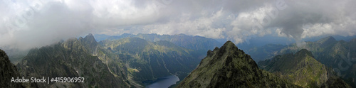 Mountain lakes of Czarny Staw pod Rysami and Morskie Oko seen from Poland's highest point, the north-western summit of Rysy, 2,499 metres (8,199 ft) in elevation.