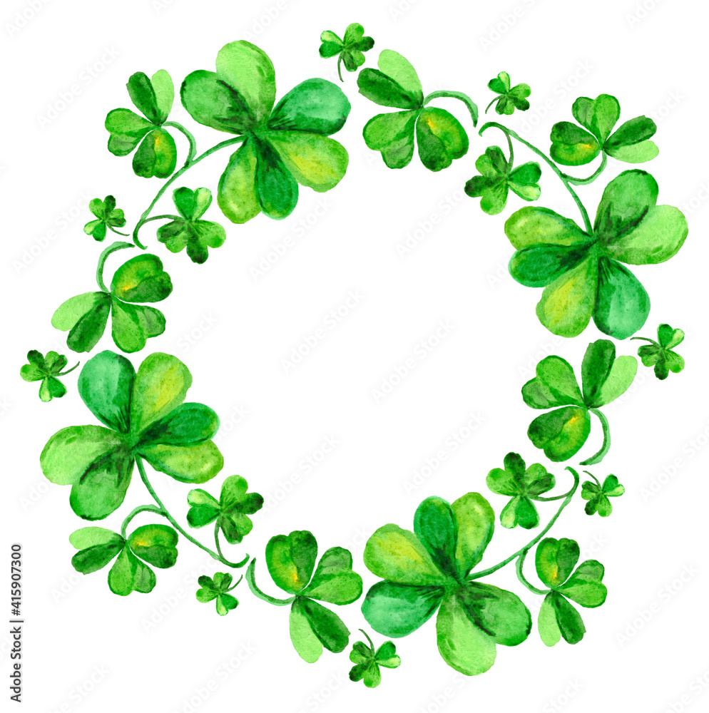 Clover wreath drawn of watercolor on white background