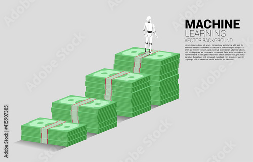 Silhouette of robot standing on top of banknote stack. Concept of artificial intelligence investment.