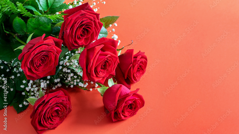Nice red roses bouquet on the deep pink background closeup, banner. Greeting card design for Womens day, Mother's day or Valentine's day. Nice red roses bouquet on the deep pink background closeup, banner. Greeting card design for Womens day, Mother's day or Valentine's day.