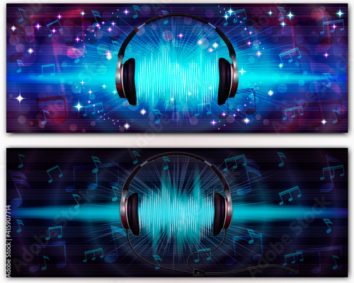 Two abstract musical banners with headphones.