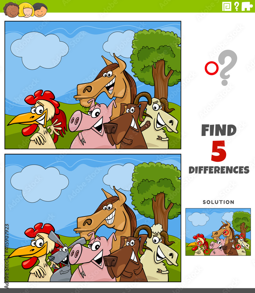 Vetor de differences educational game with farm animals do Stock ...