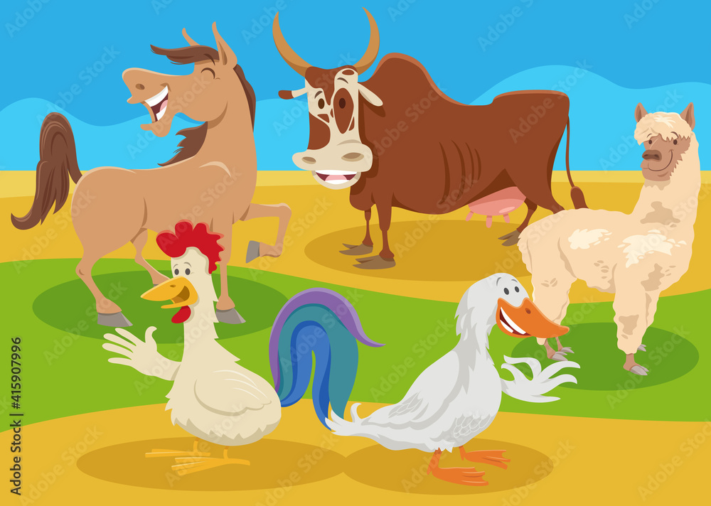 Fototapeta premium cartoon farm animal characters in the countryside