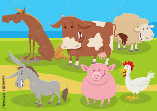 cartoon farm animals group in the countryside