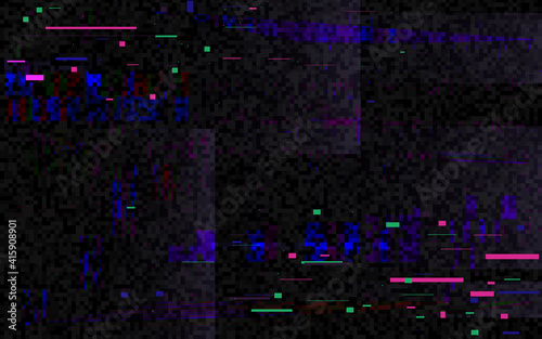 Glitch pixel distortion. Digital video with color noise. Futuristic backdrop with distorted elements. Video problem template. Game glitch screen. Vector illustration