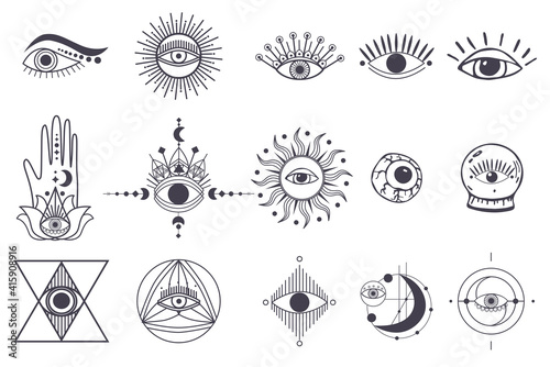 Evil eyes symbol set. Magical esoteric eyes, religion sacred geometry symbols. Esoteric sign alchemy, decorative style, providence sight. Esoteric sign alchemy, decorative style, providence sight.