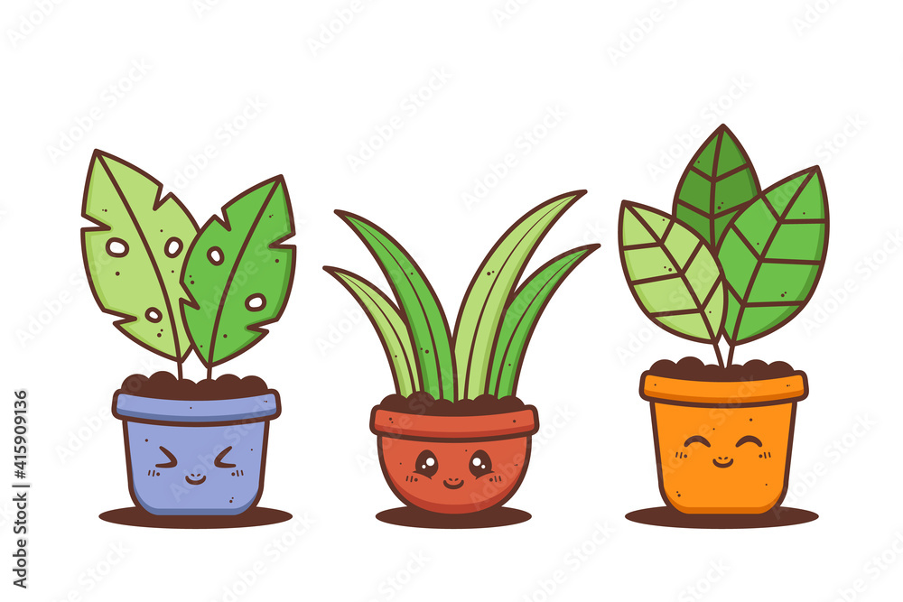 group of cute pot of plant with various different expression group of cute pot of plant with various different expression