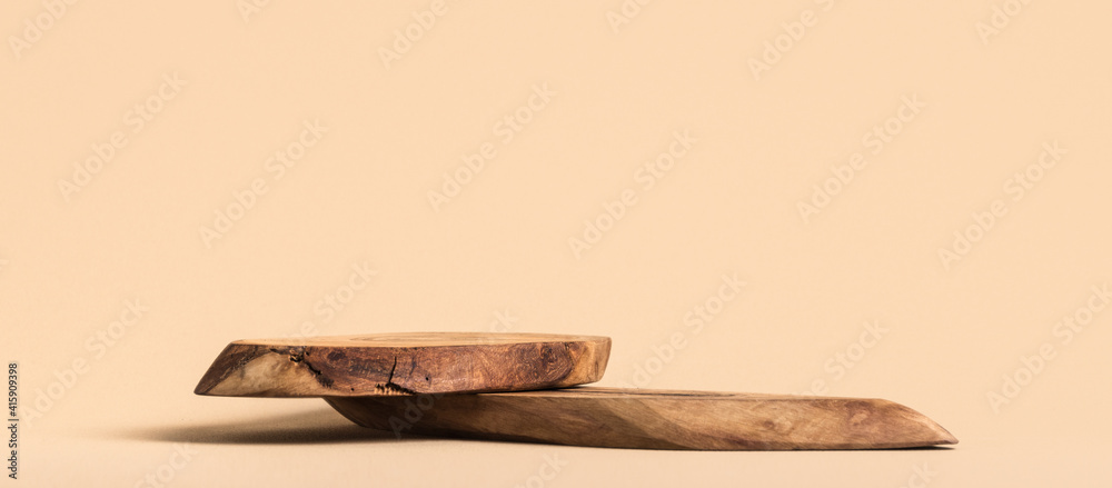Background for products cosmetics, food or jewellery. Rustic wood pieces podium. Front view. - obrazy, fototapety, plakaty 