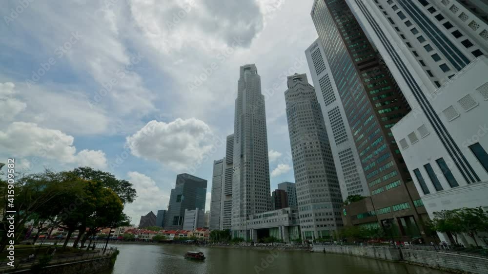 sunny day singapore city boat quay downtown riverside up view 4k timelapse sunny day singapore city boat quay downtown riverside up view 4k timelapse