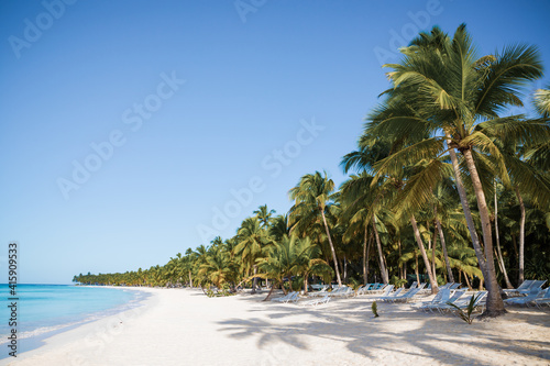 Tropical white sandy beach with palm trees. Saona Island, Dominican Republic. Vacation travel background. © ALEXSTUDIO