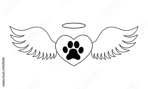 Heart with dogs paw inside with angel wings and halo. Pet death memorial concept. Graphic design for tattoo, tshirt, memory board, tombstone. Vector illustration.