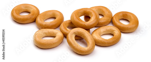 Dry bagels, bread rings isolated on white background