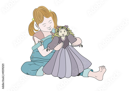 coloring book girl playing with a doll for children
