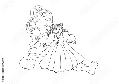 coloring book girl playing with a doll for children