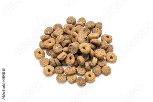 domestic animals dry food isolated on white background. dried cat feed cut out. above view