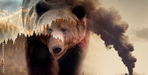 Tableau sur toile factory smoke covering green forest and wildlife double exposure global warming