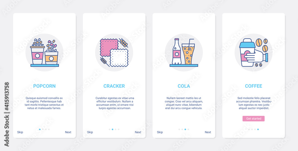 Fast food and drink takeaway menu vector illustration. UX, UI onboarding mobile app page screen set with line popcorn cracker cookies cola coffee beverage, fastfood snacks unhealthy eating symbols