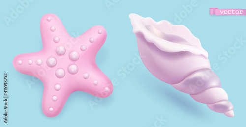 Starfish and seashell. 3d vector realistic icons