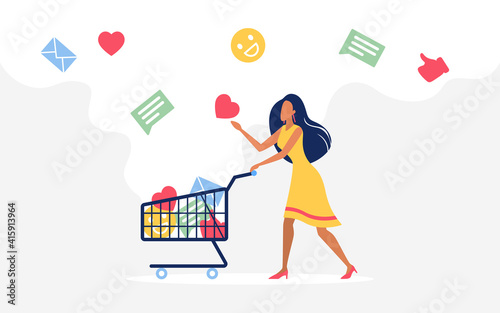 Customer feedback on shop products and store concept vector illustration. Cartoon tiny buyer woman character walking, collecting like emoji email social media communication symbols to shopping cart