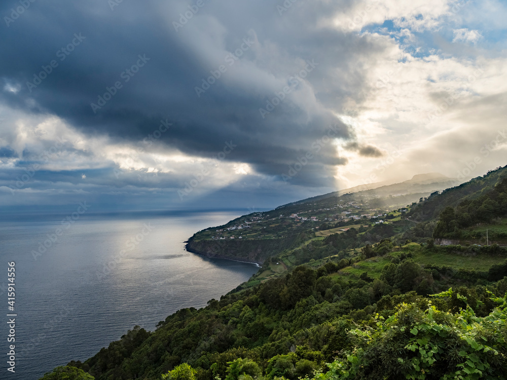Fototapeta premium Landscape on the southern coast near Ribeira Seca. Sao Jorge Island, Azores, Portugal.