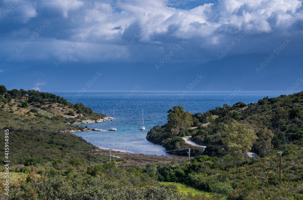 View of the coast of Saint Florent on the Mediterranean island of Corsica, France