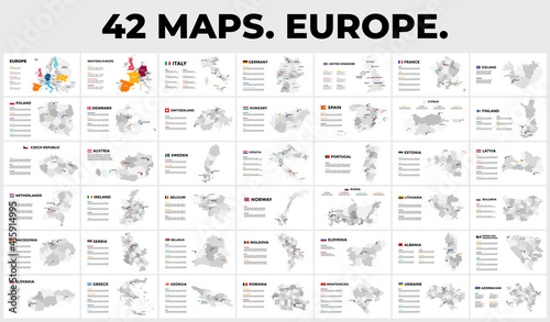 42 Europe Map Infographic Templates for your Presentation. Slide presentation pack. Vector countries. Info graphic travel data.