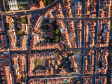 Aerial top down view of traditional residential neighbourhood at sunrise in the Belem District of Lisbon, Portugal. 