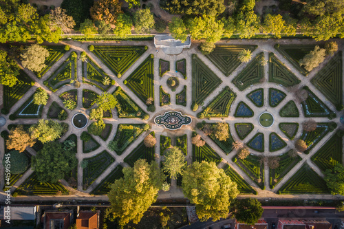 Aerial top down view of the Ajuda Botanical Gardens at sunrise in Lisbon, Portugal. photo