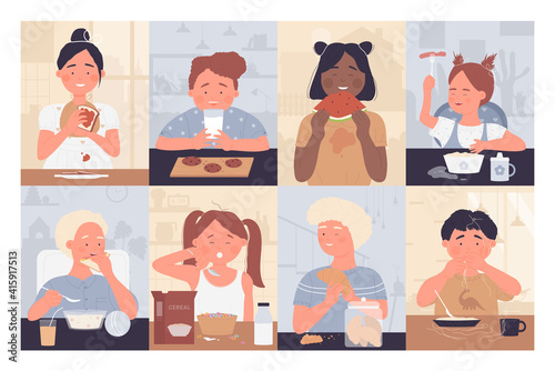 Kids eat food vector illustration set. Cartoon children sitting at home kitchen table, child boy and girl eating with fork or spoon delicious food for breakfast, dinner or lunch background collection