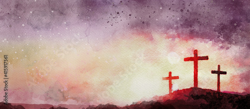 Fotografie Crucifixion. Watercolor christian banner.
