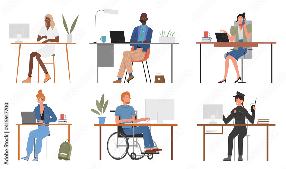 People work vector illustration set. Cartoon man woman characters of different professions sitting at table and working at computer or laptop, professional office worker at workplace isolated on white
