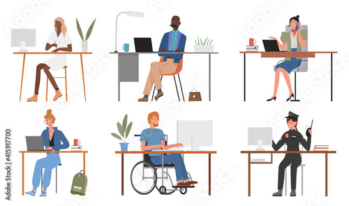 People work vector illustration set. Cartoon man woman characters of different professions sitting at table and working at computer or laptop, professional office worker at workplace isolated on white © Flash Vector