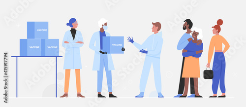 Vaccine medicines delivery vector illustration. Cartoon medical worker characters in mask and protective uniform delivering boxes with coronavirus vaccine to vaccinate family people isolated on white