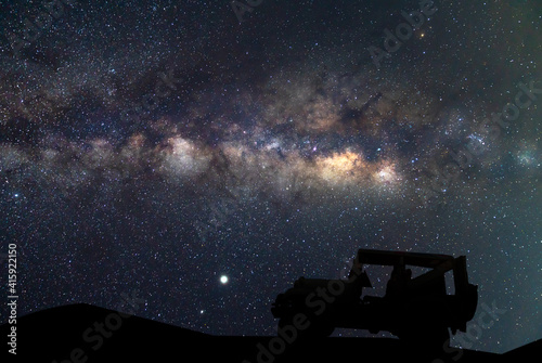 the car over the beautiful  wide blue night sky with stars and Milky way galaxy. Astronomy  orientation  clear sky concept  and background.