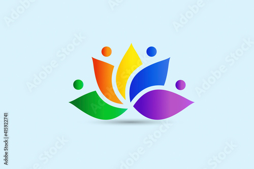 Lotus flower teamwork people colorful icon logo vector image graphic illustration rainbow color gardening care concept banner background template