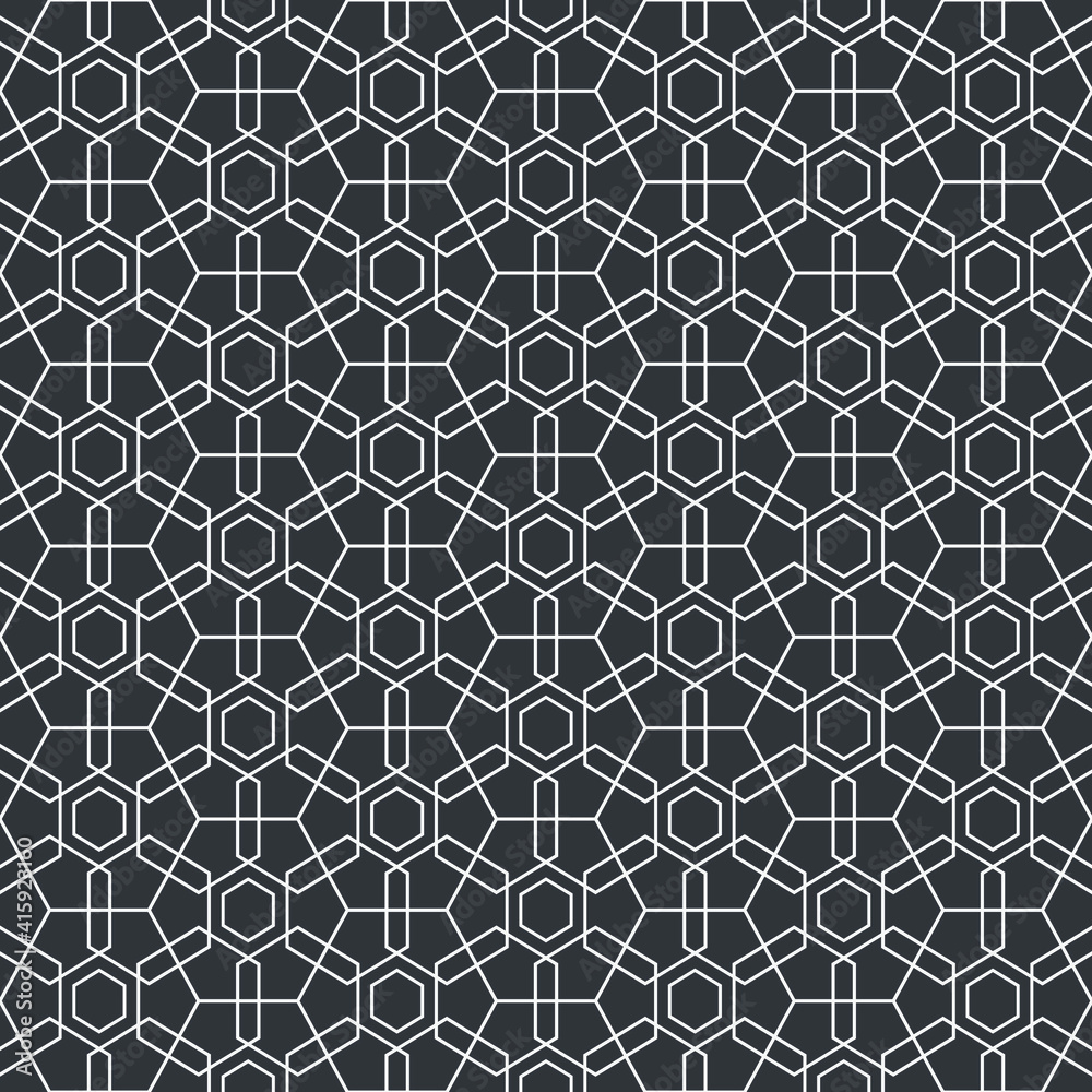 Fototapeta premium The geometric mosaic pattern in Asian modern style. White lines on gray background. Seamless vector pattern. Good print for wrapping paper, packaging design, wallpaper, ceramic tiles, and textile