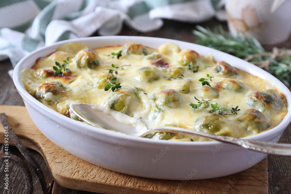 Vegetable brussels sprouts gratin with bechamel sauce