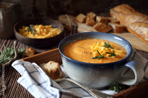 Brighton Soup. Carrot and potato cream soup with cheddar cheese
