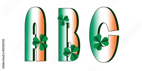 Capital letters of the Latin alphabet A, B, C. Gradient fill in the color of the Irish flag and green clover leaves. Isolated elements on white background for St. Patrick's Day.