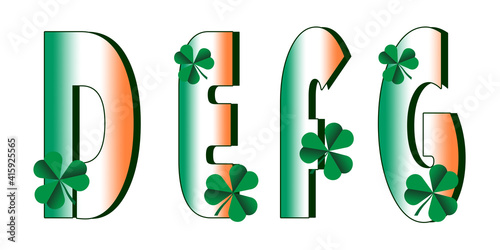 Capital letters of the Latin alphabet D, E, F, G. Gradient fill in the color of the Irish flag and green clover leaves. Isolated elements on white background for St. Patrick's Day.