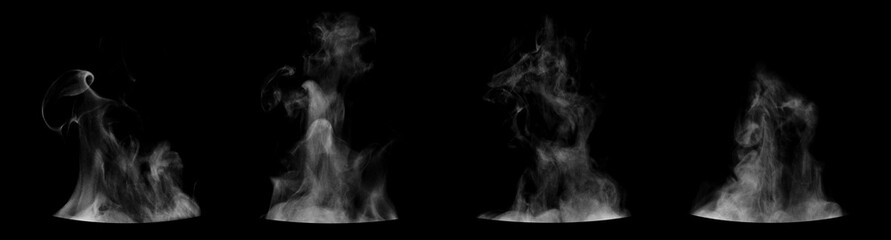 Set of steam from round dishes - pots, mugs or cups isolated on black background