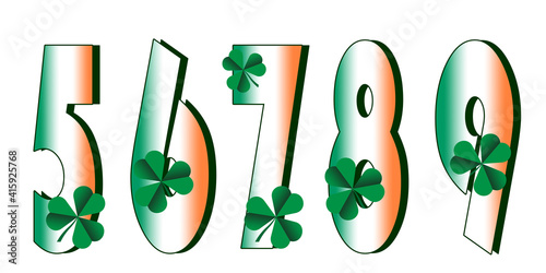 Numbers 5, 6, 7, 8, 9. Gradient fill in the colors of the Irish flag and green clover leaves. Isolated elements on white background for St. Patrick's Day.