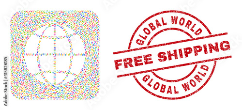 Vector collage planet globe of movement arrows and grunge Free Shipping seal stamp. Collage geographic planet globe designed with colorful swirl arrows around rounded square subtraction.