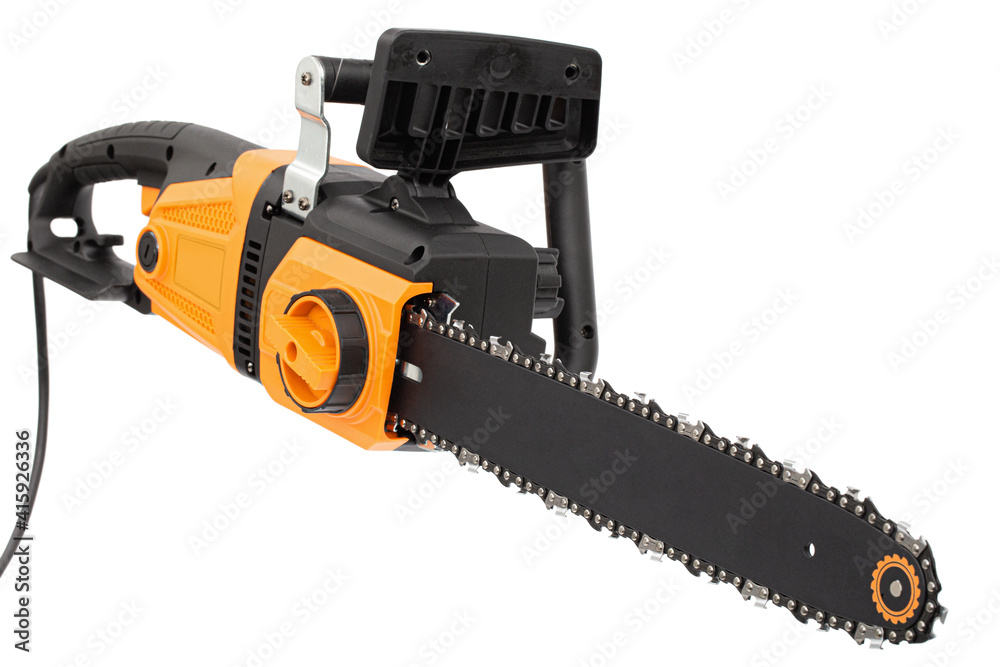 Orange electric chain saw, isolated on white background