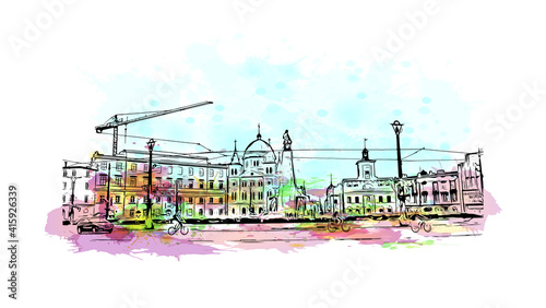 Building view with landmark of Lodz is a city in central Poland. Watercolour splash with hand drawn sketch illustration in vector.