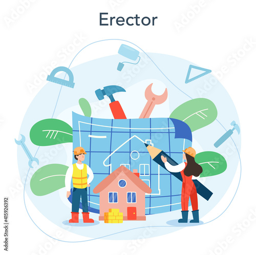 House building concept. Workers constructing home with tools